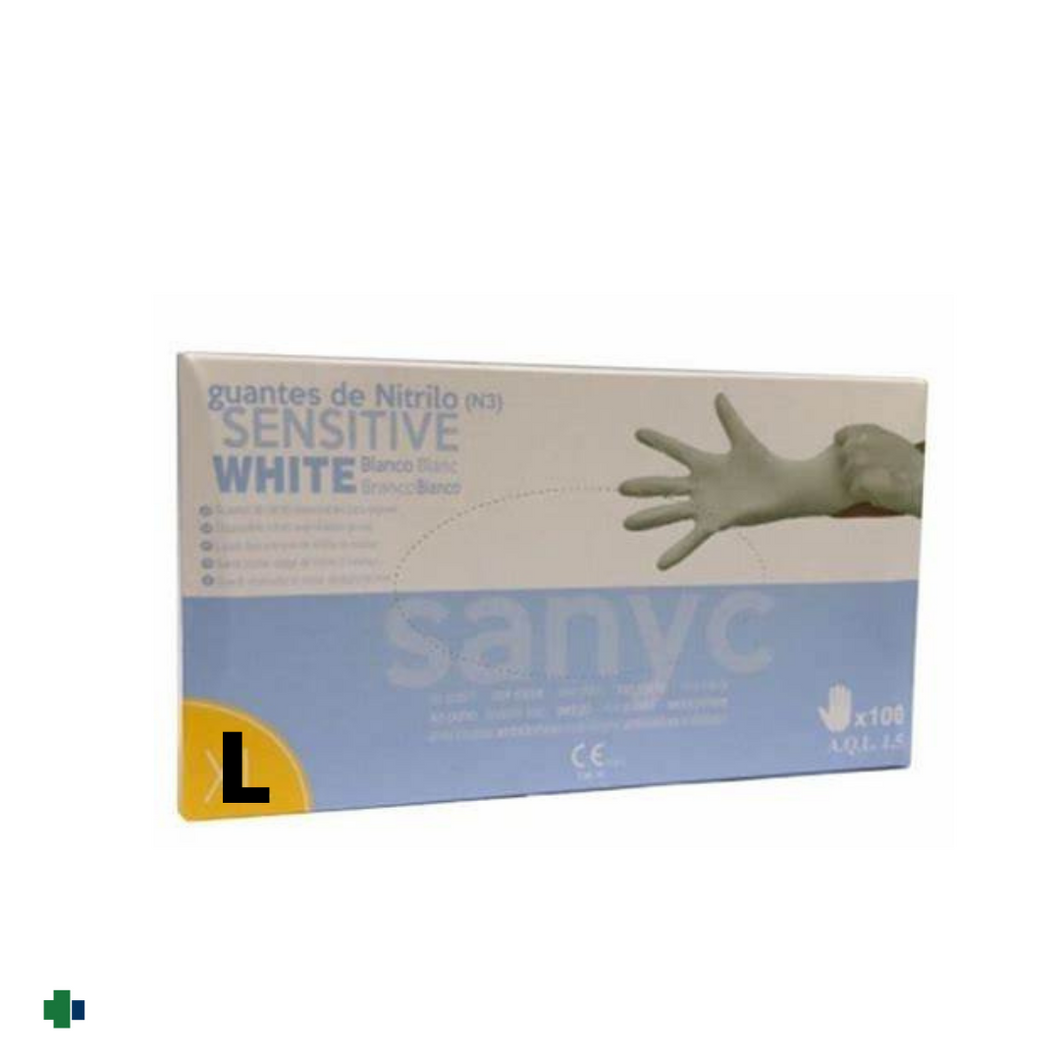 GUANTES NITRILO SANYC COLOR BLANCO TALLA L 100 UNIDADES